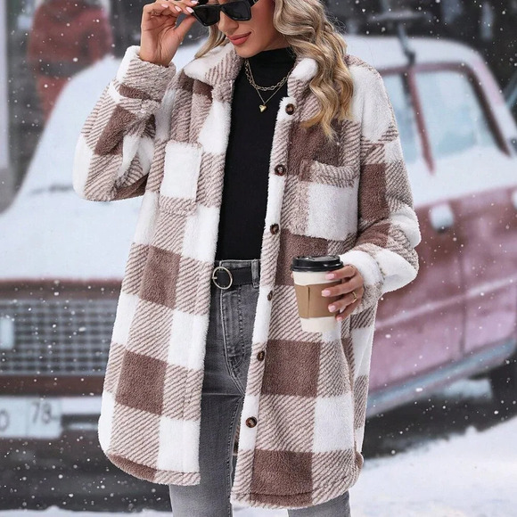 Multicolor Casual Women's Buffalo Plaid Pattern Drop Shoulder Teddy Coat - Picture 1 of 4